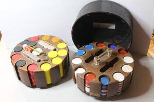 lot 441 image: 2- vintage Pleasantime revolving automatic poker chip rack dispenser with chips