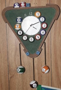 lot 461 image: Game Room Products triangular billiards wall clock with decorative pool balls, hanging pendulums