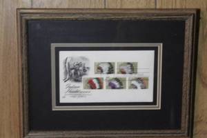 lot 462 image: vintage framed First Day of Issue postal cover featuring American Indian headdresses stamps from 1990