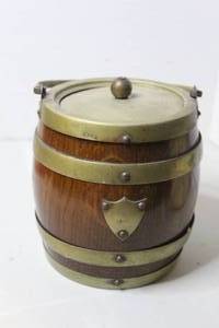 lot 481 image: vintage oak biscuit barrel with brass bands and a shield cartouche
