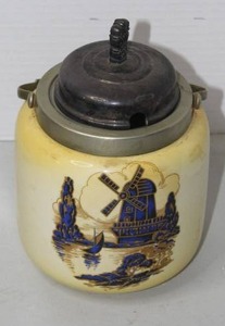 lot 482 image: vintage blue and white ceramic storage jar, often identified as a biscuit barrel or tobacco humidor, featuring a traditional windmill landscape design