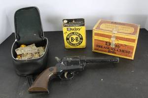 lot 489 image: vintage Daisy Model 179 Spittin Image BB gun, & Daisy Treasure Chest Golden Bullseye BBs.