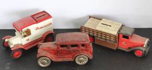 lot 491 image: set of vintage pressed steel and cast iron toy trucks