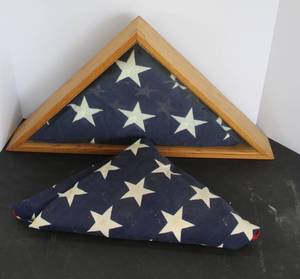 lot 493 image: solid oak triangular display case and flags