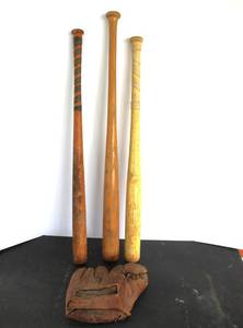 lot 497 image: collection of vintage sporting goods, including three wooden baseball bats and a leather glove