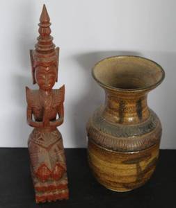 lot 512 image: vintage Thai teak wood Theppanom statue depicting a kneeling celestial figure in prayer & vintage earthenware pottery vase with a brown and yellow glaze