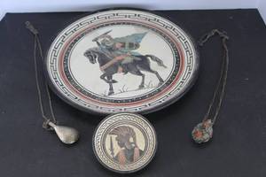 lot 514 image: vintage Italian pottery wall plate with a black-figure hand made in greece #35 small one #12 & vintage sterling silver or silver-tone perfume bottle pendant necklaces