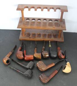 lot 516 image: vintage solid walnut wood pipe stand and rack and pipes