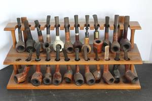 lot 520 image: vintage wooden smoking pipe display rack stand. with multiple pipes i took pics of all