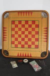 lot 523 image: vintage dual-sided wooden Carrom game board & hockey pucks and more see pictures for details