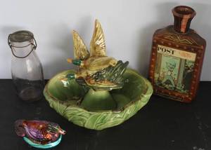 lot 532 image: vintage McCoy pottery flying mallard duck planter & vintage 1976 Jim Beam Bicentennial decanter & vintage glass milk bottle and more see pictures