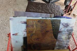 lot 543 image: Large sheets of stained glass for art work some are about 33 in to 19 in give or take some smaller (wagon not included an bring things to pack it in not packed)