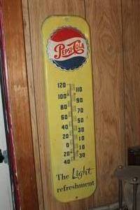 lot 556 image: vintage 1950s Pepsi-Cola embossed metal wall thermometer about 27 inches
