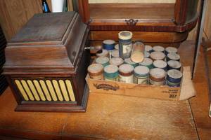 lot 265 image: antique Edison Amberola 30 cylinder phonograph with a box full of Cylinder Roll Phonograph