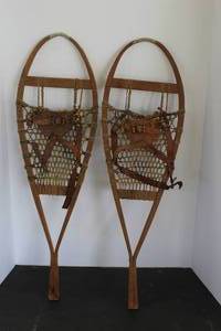 lot 573 image: vintage wooden snowshoes with leather bindings and rawhide lacing