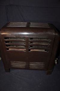 lot 29 image: Vintage brown enamel propane heater Tennessee Enamel Manufacturing Co.