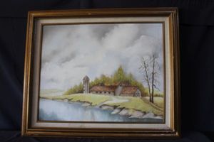 lot 27 image: Vintage landscape Oil Painting on canvas depicting a rural farmhouse featuring a cottage by the lake&nbsp