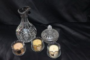 lot 193 image: Led Crystal Carafe, Glass Lidded Candy Dish, and Three Candle holders with candles