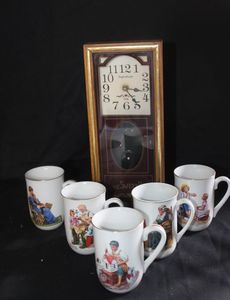 lot 207 image: Norman Rockwell Coffee cups and Wall clock
