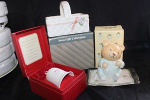 lot 212 image: Ceramic Bell in Original Box, Baby Boy Bear Bank in Original Box and Ceramic White Basket in Original Box
