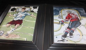 lot 348 image: Reesa Framed Water color sports art, Hockey & Soccer