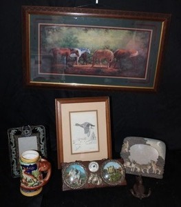 lot 349 image: Framed artwork, beer stein, and more as shown