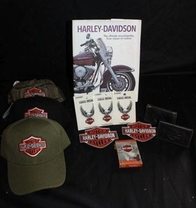 lot 355 image: Harley Davidson collectibles, hats, cards, book, decals, patches