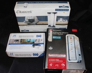 lot 387 image: Motorola surf board extreme cable modem, wireless outdoor bell intercom, Hawking Tech wireless BGN