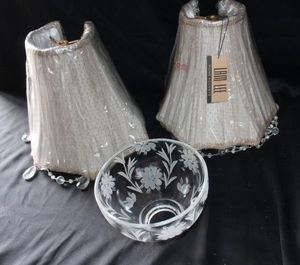 lot 397 image: Wheel cut lead crystl bowl plus 2 lamp shades with crystal bead trim