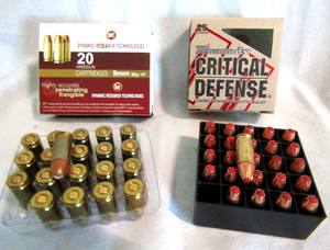 lot 43 image: 9mm pistol personal defense ammunition, Hornady Critical Defense & DRT Penetrating Frangible (MATCHES LOTS 40, 41, 42) (Bid is times the quantity of 2)