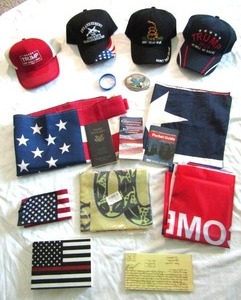 lot 1 image: American Patriot items, Come and take it flag AR15, Old Glory, 2A & Trump hats, Eagle belt buckle, Dont tread on me flag and more.