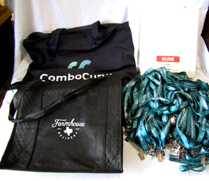 lot 33 image: NEW Tote bags, Uline 4x3 badge card refills, badge card lanyards