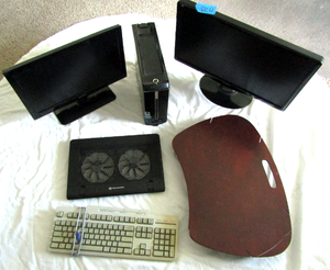 lot 70 image: ViewSonic Monitor, APEX Mini TV, Gateway PC, Thermaltake Laptop Cooling Stand, Laptop Stand and Keyboard