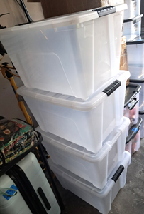 lot 82 image: 4 large plastic storage totes with lids (Bid is times the quantity of 4)