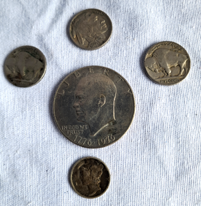 lot 111 image: Silver Mercury dime, Indian head buffalo nickels, 1976-1776 bicentennial Eisenhower dollar