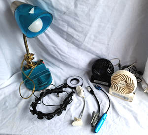 lot 113 image: Assorted clip on reading lights, desk lamp & 2 Holmes mini personal fans