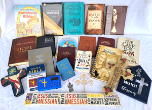 lot 116 image: faith based items, Bibles, books, decor as shown