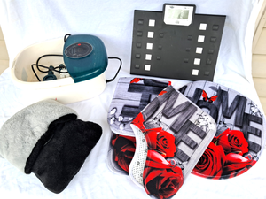 lot 128 image: My-Weigh digital talking scale (works), Foot sauna & plush massager, bathroom floor set