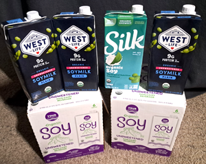 lot 170 image: 2 cases of Organic Soy milk (6 per case), plus Silk & West life soy milk (Expiration dates still viable)