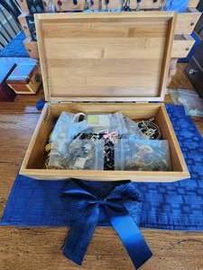 lot 212 image: Wood trinket box with generous selection of various jewelry pieces
