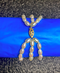 lot 1 image: 3-Strand 7 Pearl Bracelet - Yellow Gold Fish Hook Clasp Hallmarked 14k - As Shown - $$$