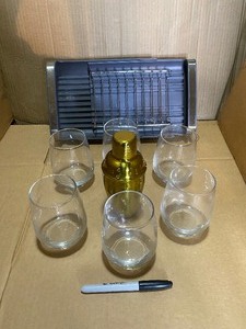 lot 48 image: Lot Of Bar Items - (Martini Mixer, Heavy Bottom Liquor Glasses) - In Qty & Condition As Shown