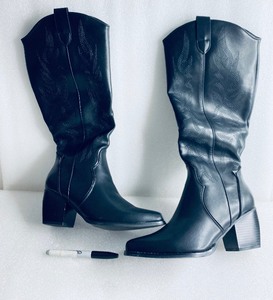 lot 124 image: New DREAM PAIRS Womens Cowboy Boots Wide Calf Comfortable Pull On Zipper Chunky Heel Pointed Toe Embroidered Western Cowgirl Size 8.5, As Shown