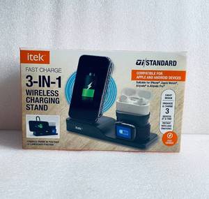 lot 166 image: New Itek 3-in-1 Qi Wireless Charging Stand, USB-C Cable, Black - As Shown