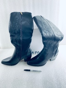 lot 255 image: New Dream Pairs Womens Size 9 Calf Comfortable Pull On Zipper Chunky Heel Pointed Toe Embroidered Western Cowgirl Knee High Boots, Black - As Shown