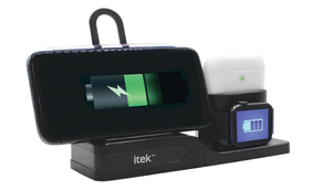 lot 282 image: New Itek 3-in-1 Qi Wireless Charging Stand, USB-C Cable, Black - As Shown
