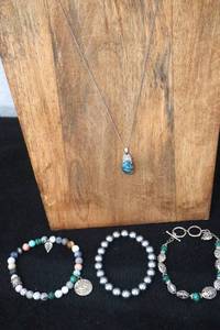 lot 24 image: Malachite Gemstone Necklace and Three Beaded Gemstone Bracelets