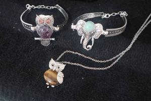 lot 27 image: Tigers Eye Owl Necklace, Gemstone Owl and Elephant Bracelet