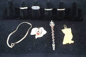 lot 32 image: Owl Pendent, Floral Pendent, Bracelet, Total of 4 Gemstone Rings, and Crystal Vintage Brooch
