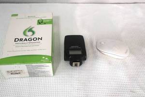 lot 76 image: Dragon Spanish Software - unused sealed box, Neewer Speedlite Flash, and Mouse